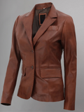 Womens Two Button Tan Leather Blazer Jacket