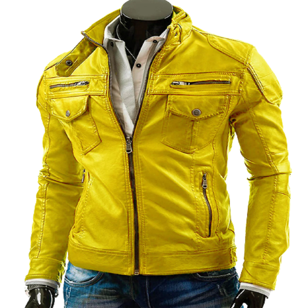 Men's Yellow Biker Motorcycle Vintage Retro Cafe Racer Genuine Leather Jacket Jackets Empire