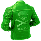 Men's Green Classic Biker Motorcycle Genuine Leather Jacket Embossed Skull Bones Jackets Empire