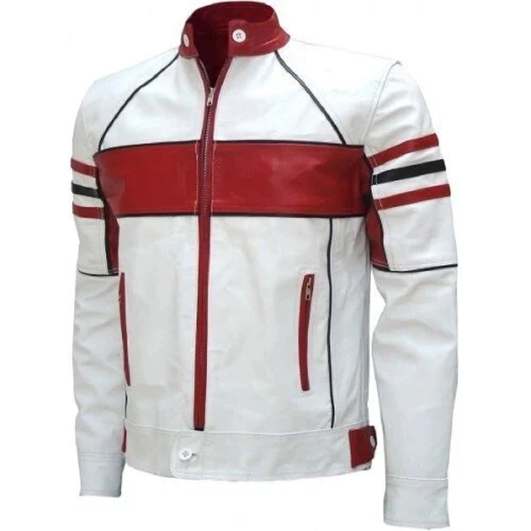 Mens White Biker Nappa Leather Jacket Jackets Empire