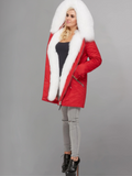 women's Red parka with white fur