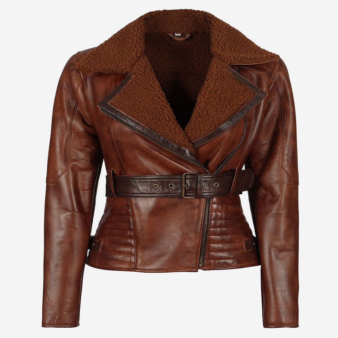 Womens Brown Shearling Collar Leather Jacket Jackets Empire