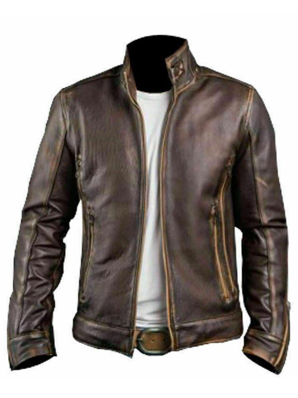 Men's Vintage Cafe Racer Motorcycle Retro Biker Waxed Brown Leather Jacket Jackets Empire