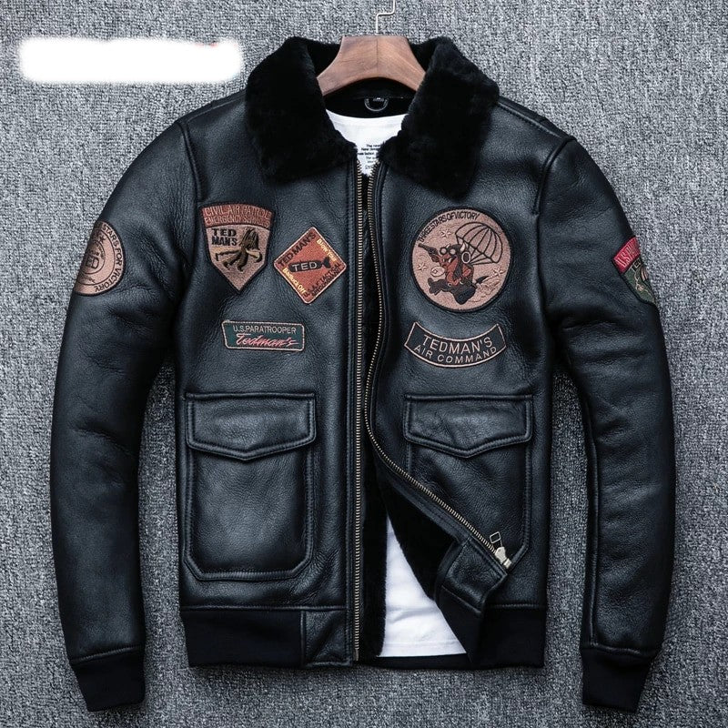 Aviator Black Leather Jacket Integrated Embroidery Jackets Empire