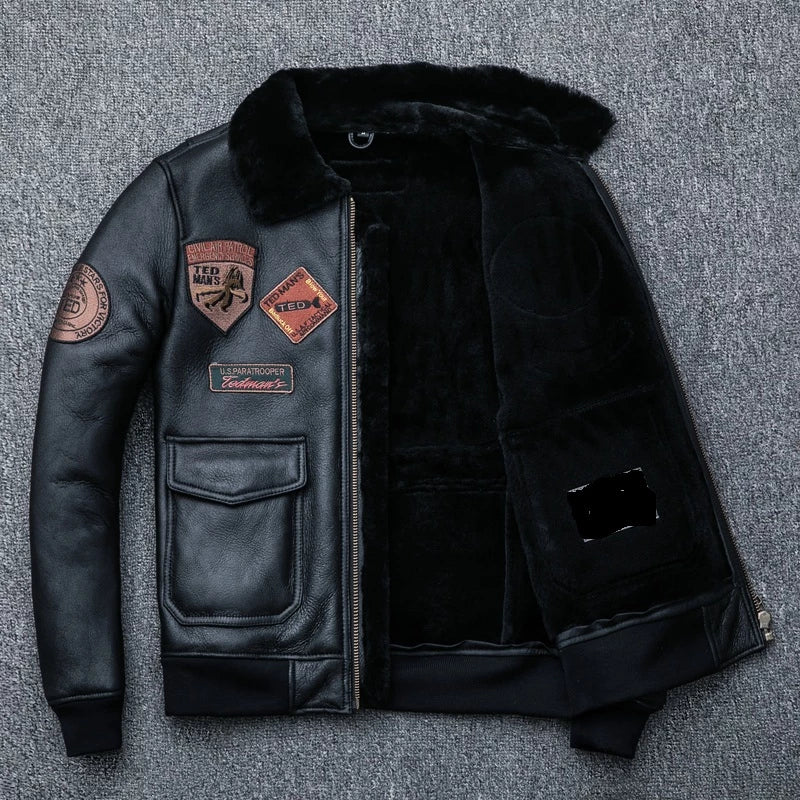 Aviator Black Leather Jacket Integrated Embroidery Jackets Empire