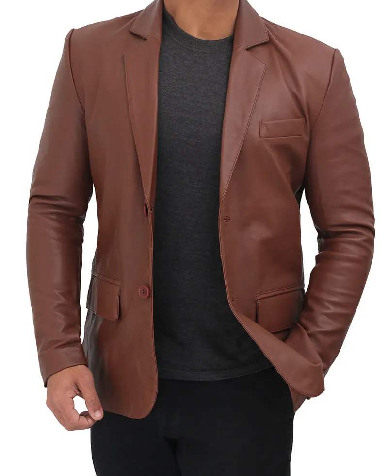 Glendale 2 Buttons Mens Brown Leather Blazer Jackets Empire