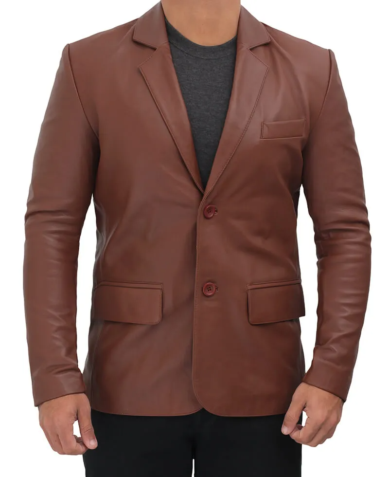 Glendale 2 Buttons Mens Brown Leather Blazer Jackets Empire