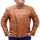 Slim Tan Brown Biker Leather Jacket Jackets Empire
