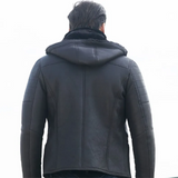 Men’s Black Shearling Leather Jacket with Hood Jackets Empire