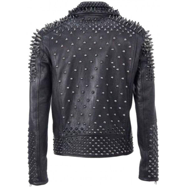 Men's Silver Spikes Studded Brando Leather Jacket Jackets Empire