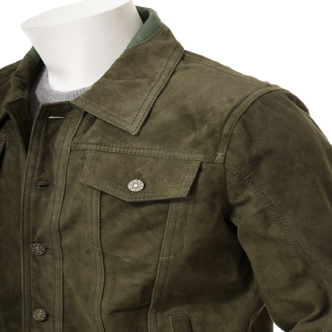 Men's Olive Suede Trucker Jeans Leather Jacket Jackets Empire